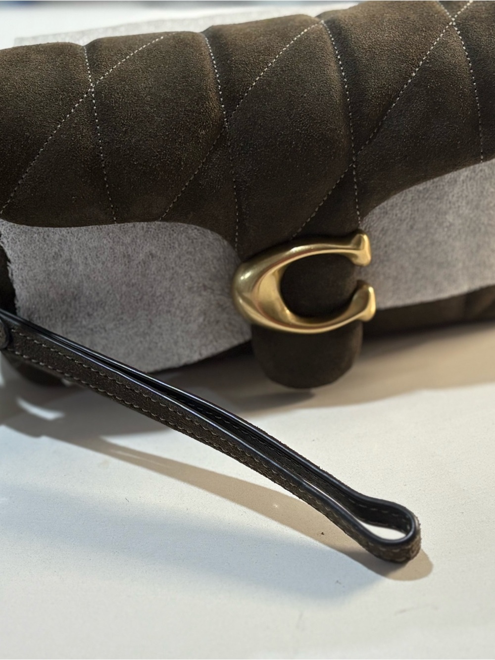 Coach Quilted Tabby Olive Suede Wristlet/shoulder Bag with Gold 'C' Clasp